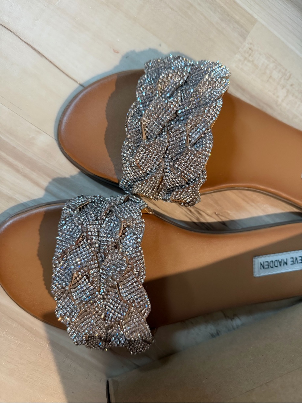 Steve Madden Crystal Braided Slide Sandals in Silver and Tan